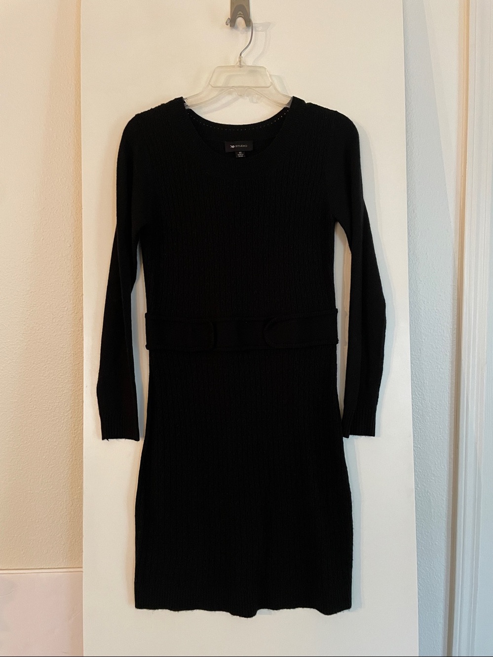 Ribbed Knit Long Sleeve Crew Neck Sweater Dress Black AB Studio